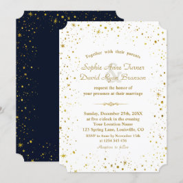 Convite Casamento Azul com Marinho de Noite Estrelada Dour