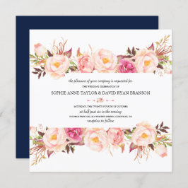 Convite Casamento Azul com Marinho de Quadro Floral Rosa R
