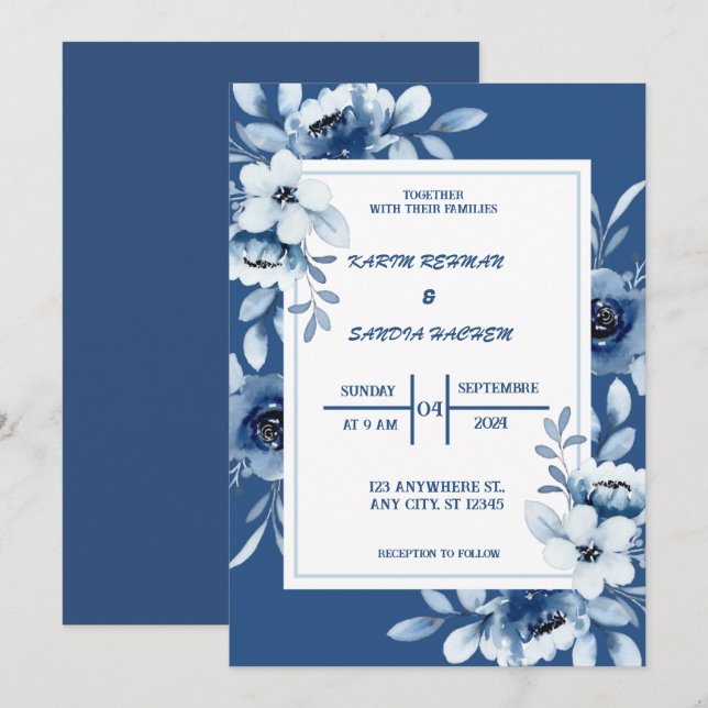 Convite Casamento Azul com Marinho Floral (Frente/Verso)