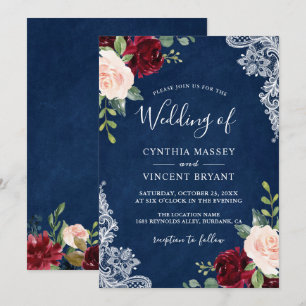 Convite Casamento Azul com Marinho Floral Blush Blush Blus