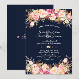Convite Casamento Azul com Marinho Floral Rosa Elegante