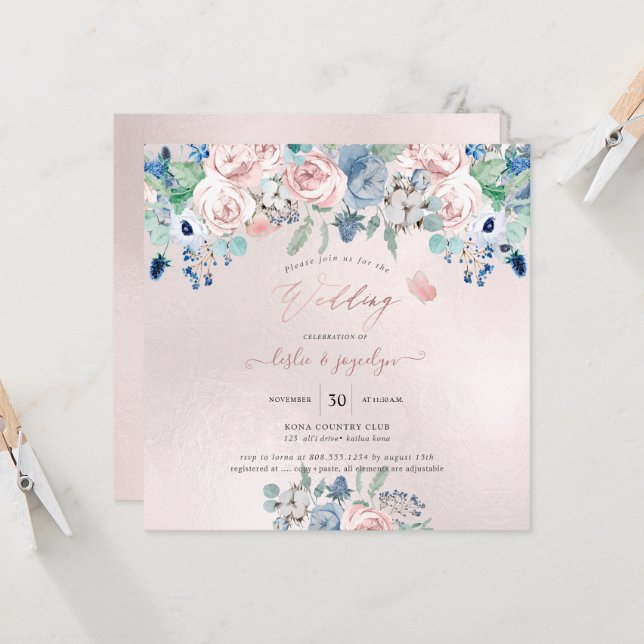 Convite Casamento Azul com Marinho Rosa Dusty PixDezines (Frente/Verso In Situ)