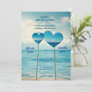 Convite casamento azul com o oceano de praia