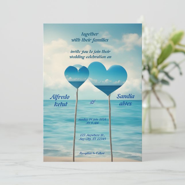 Convite casamento azul com o oceano de praia (Em pé/Frente)