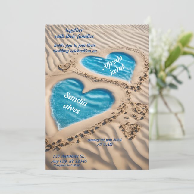Convite casamento azul com o oceano de praia (Em pé/Frente)