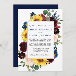 Convite Casamento Azul com Quadro Dourado Floral de Aquare