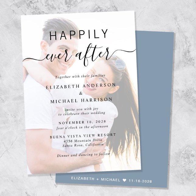 Convite Casamento Azul com Sobreposição de Fotos de Script (A chic Happily Ever After Photo Wedding Invitation)
