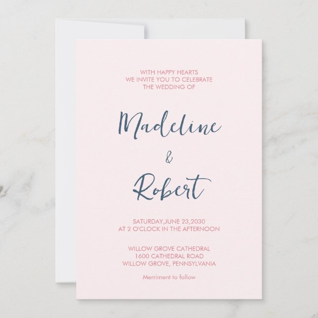 Convite Casamento Azul Cor-de-Rosa Rosa, Script Minimalist (Frente)