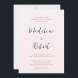 Convite Casamento Azul Cor-de-Rosa Rosa, Script Minimalist<br><div class="desc">Esses convites para casamento elegantes e minimalistas apresentam tipografia rosa e azul,  moderna escrita e texto simples e limpo de caligrafia manuscrita para um design cor-de-rosa na moda pincelado que você vai adorar.</div>