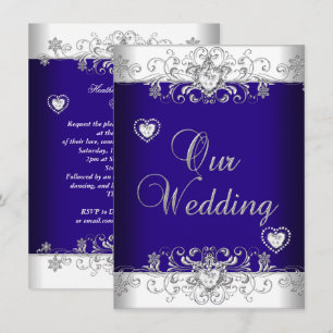 Convite Casamento Azul Corações de Diamante Prata 2a