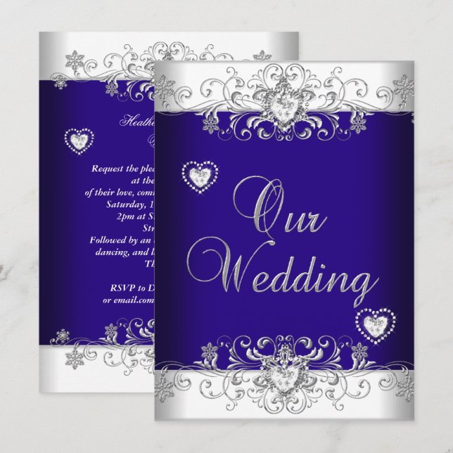 Convite Casamento Azul Corações de Diamante Prata 2a (Frente/Verso)