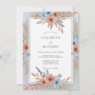 Convite Casamento Azul Coral Arejado de Primavera