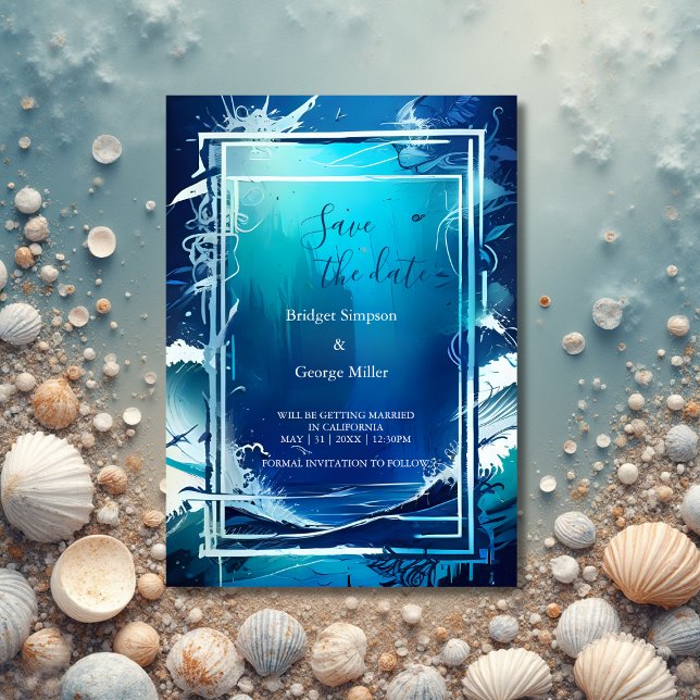 Convite casamento azul costeiro com a data Concurso (Criador carregado)