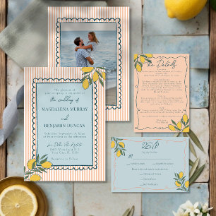 Convite Casamento Azul Costeiro com Listras de Pêssego e L