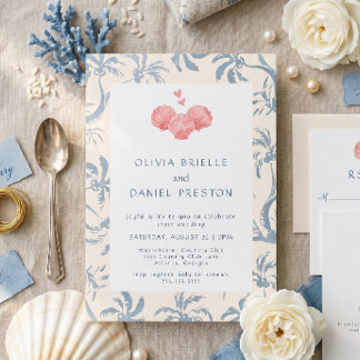 Convite Casamento Azul Costeiro com Toalete Rosa e Conchas