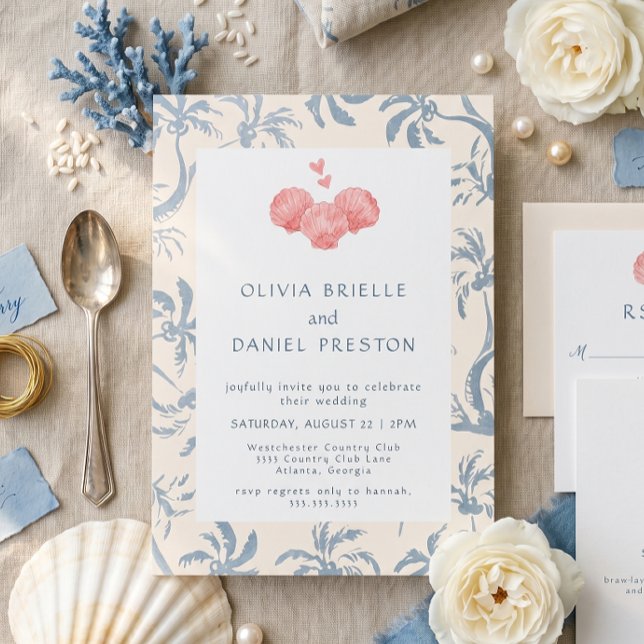 Convite Casamento Azul Costeiro com Toalete Rosa e Conchas (Criador carregado)