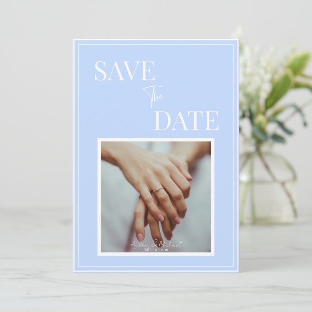 Convite Casamento Azul Costeiro Save the Date – Elegante (Em pé/Frente)