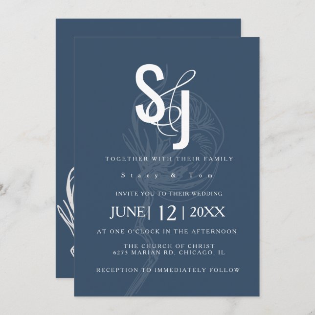 Convite Casamento Azul Da Fábrica De Algodão Botânico (Frente/Verso)