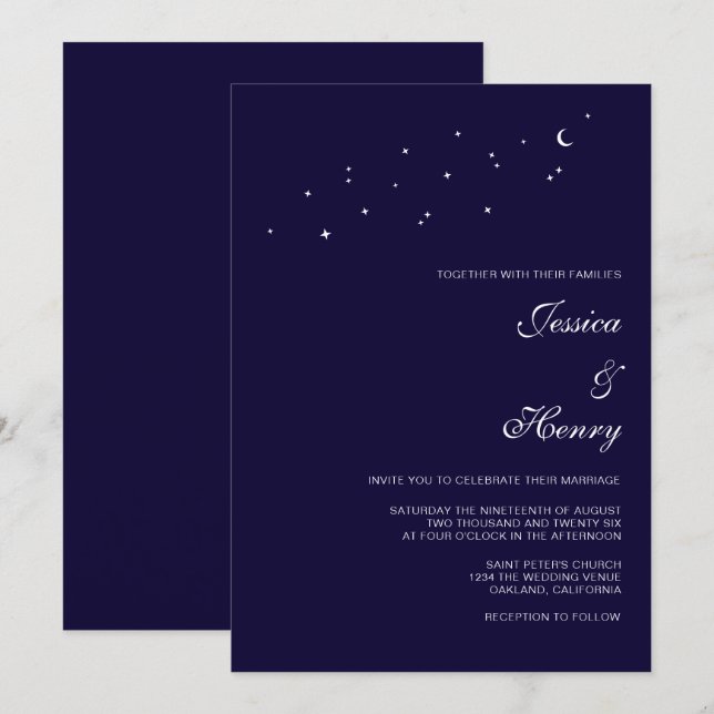 Convite Casamento Azul da Meia-Noite do Script Elegante Ce (Frente/Verso)