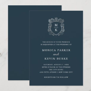 Convite Casamento azul da meia-noite elegante de prata da