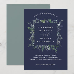 Convite Casamento azul da meia-noite frondoso da aguarela