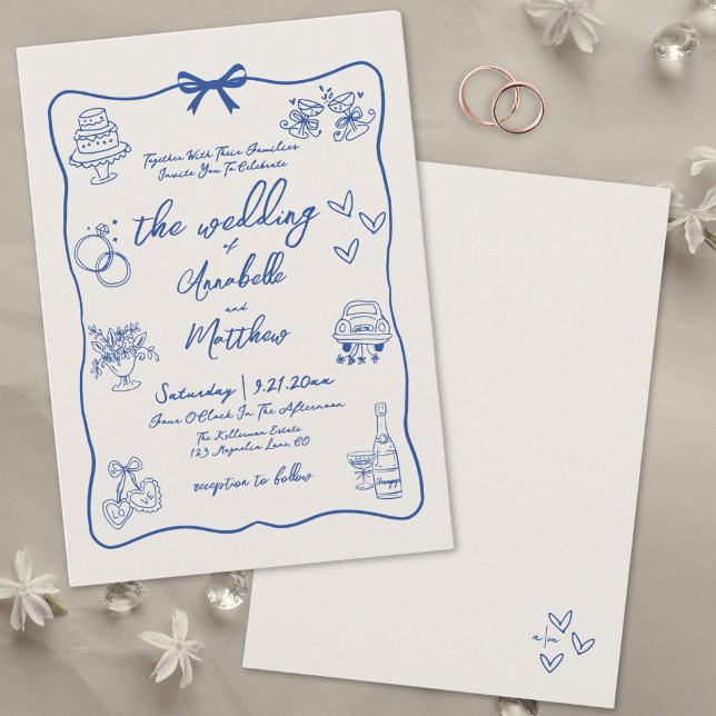 Convite Casamento Azul Da Vintagem Causada Pela Mão (Hand Drawn Whimsical Vintage Blue Wedding Invitation)