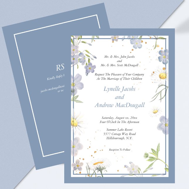 Convite Casamento Azul das Flores de Verão com RSVP (Summer Flowers Blue Wedding with RSVP Invitation)