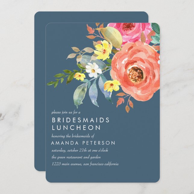 Convite Casamento Azul de Almofada Rosa Chic Bridesmaids A (Frente/Verso)