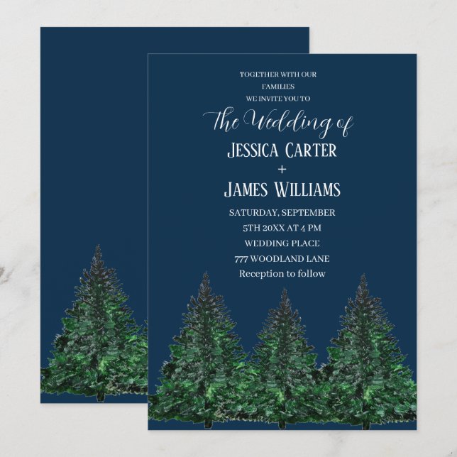 Convite Casamento Azul de Árvore Florestal de inverno (Frente/Verso)