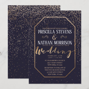 Convite Casamento Azul de Confetti, Dourado de Tendy Trend