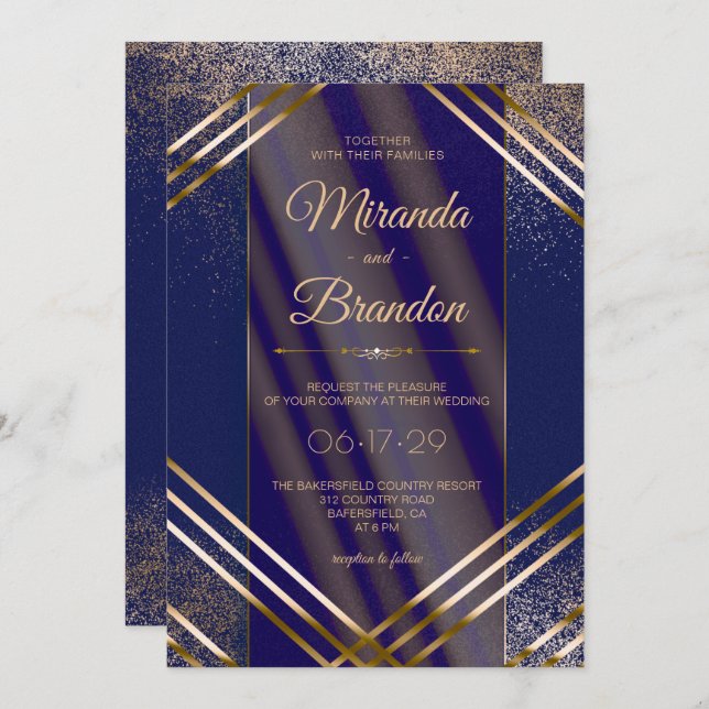 Convite Casamento Azul de Confetti Dourado Moderno (Frente/Verso)