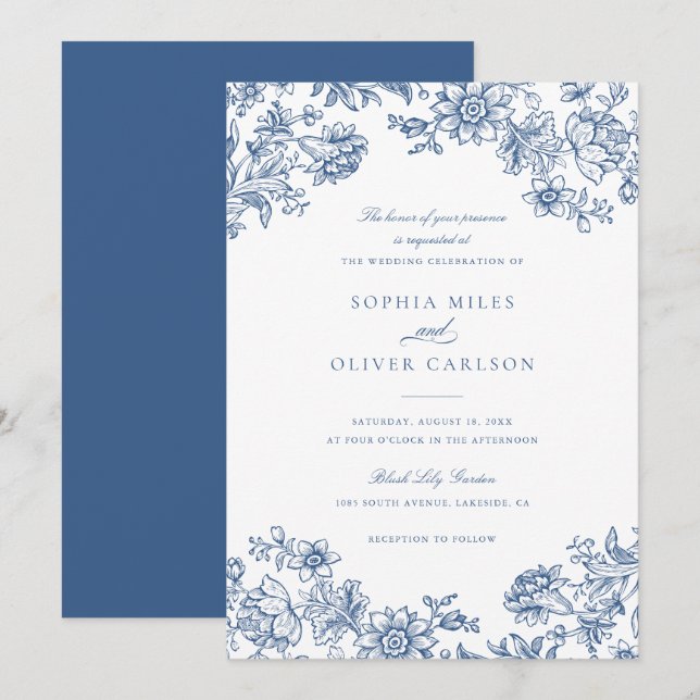 Convite Casamento Azul de Elegante Floral (Frente/Verso)