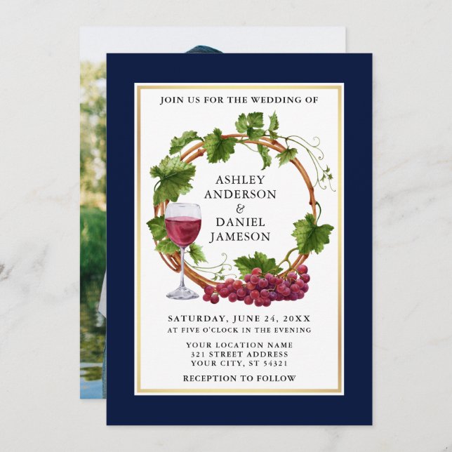 Convite Casamento Azul De Fita De Vinha De Vidro De Água (Frente/Verso)