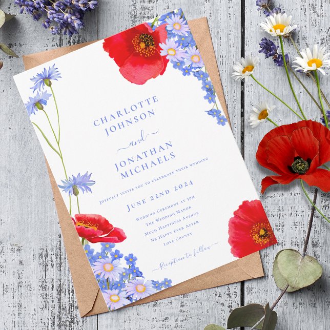 Convite Casamento Azul de Flor Selvagem Moderno (Modern wildflower watercolor with poppy cornflower and daisy wedding invitation)