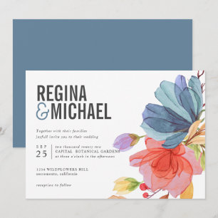 Convite Casamento azul de Flores Azuis e Curvas
