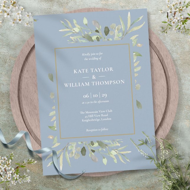 Convite Casamento Azul De Folhagem De Folhagem De Verdura  (Botanical Greenery Foliage Dusty Blue Wedding Invitation)