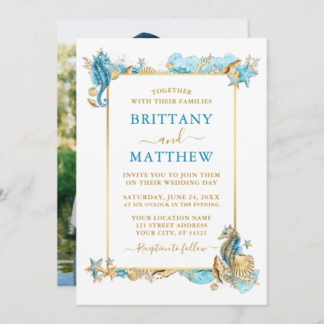 Convite Casamento Azul de Foto Coral de Seashells (Frente/Verso)