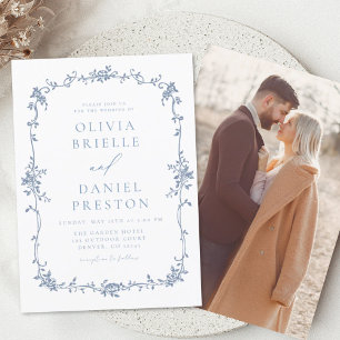 Convite Casamento Azul de Foto em Francês Vitoriano Vintag