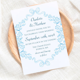 Convite Casamento Azul de Ilustração Floral e Arco Elegant