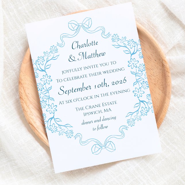 Convite Casamento Azul de Ilustração Floral e Arco Elegant (Elegant blue floral wedding invitations with classic charm. Customize your formal wedding invite.)