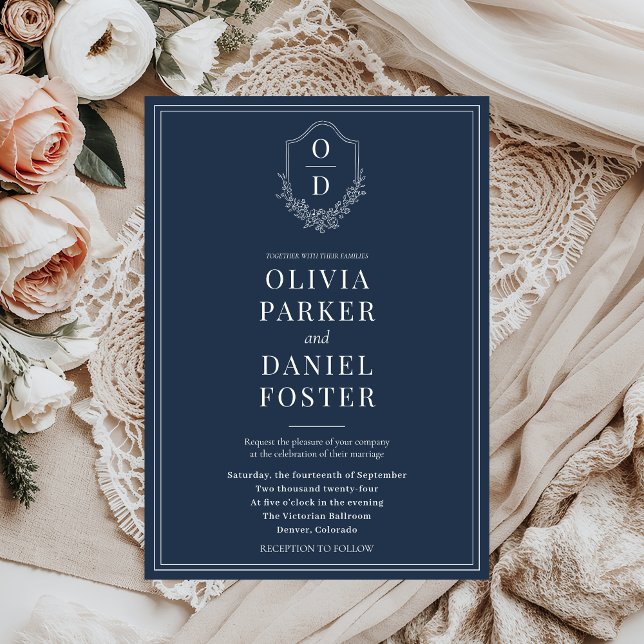 Convite Casamento Azul de Marinho Clássico Elegante (Criador carregado)