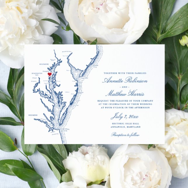Convite Casamento Azul de Marinho de Baía de Chesapeake de (Annapolis Wedding Invitation with Elegant Navy Blue Chesapeake Bay map from Coastal Map Designs)