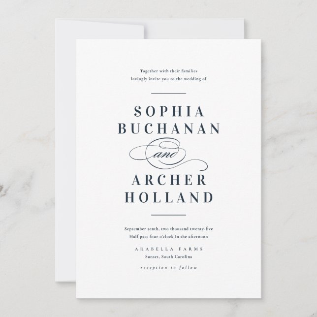 Convite Casamento Azul de Marinho de Caligrafia Elegante (Frente)