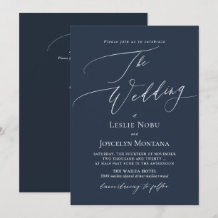 Convite Casamento Azul de Marinho de Caligrafia Luxe-Dezin