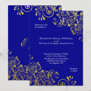 Convite Casamento Azul de Marinho de  de espiral Dourada