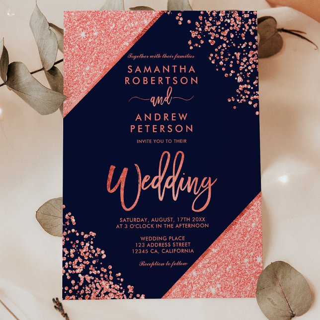 Convite Casamento azul de marinho  de glitter confetti (Coral glitter confetti chic navy blue wedding invitation)