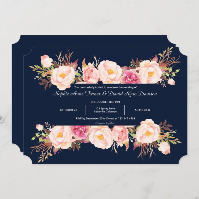 Convite Casamento Azul de Marinho de Quadro Floral Rosa En (Frente/Verso)