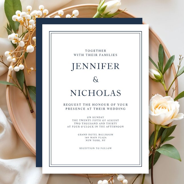 Convite Casamento Azul de Marinho Elegante (Elegant Formal Navy Blue Wedding Invitation)