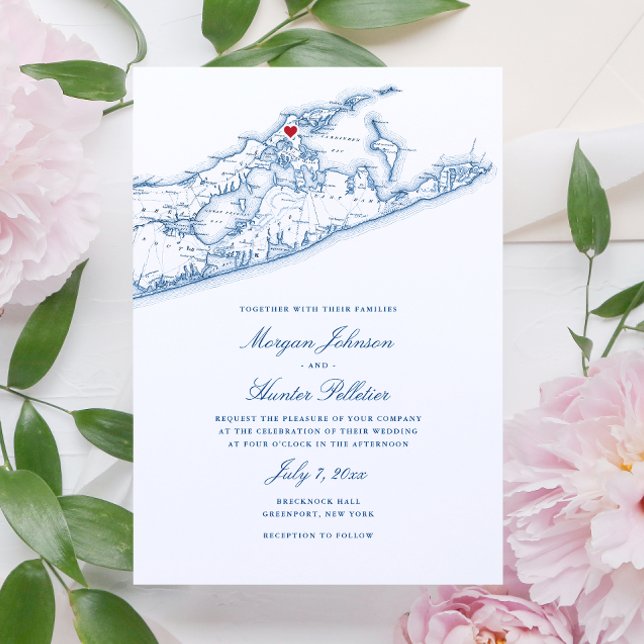 Convite Casamento Azul de Marinho Elegante do Mapa NY do G (Greenport NY Long Island Map Wedding Invitation in Elegant Navy Blue by Coastal Map Designs)