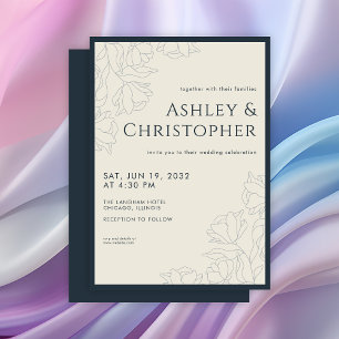 Convite Casamento Azul de Marinho Floral Desenhado Moderno